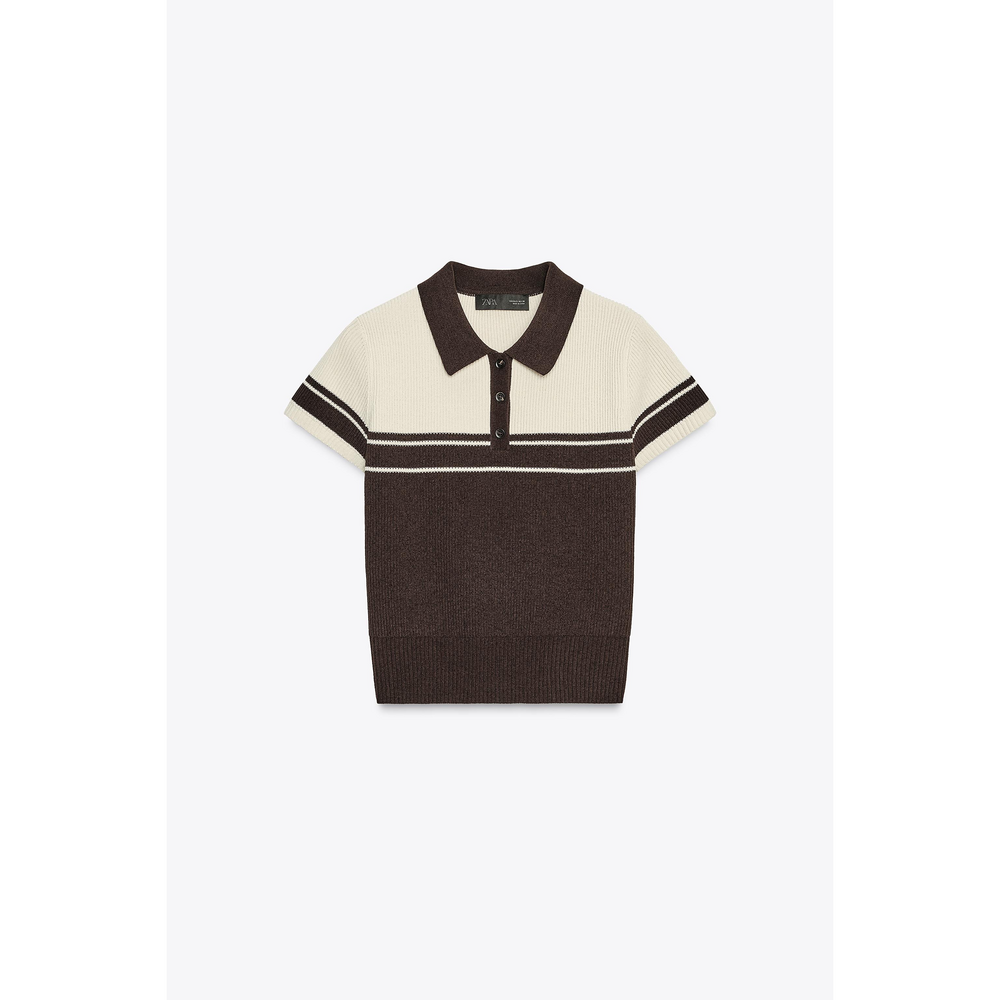 Zara RIBBED KNIT POLO TOP in Brown